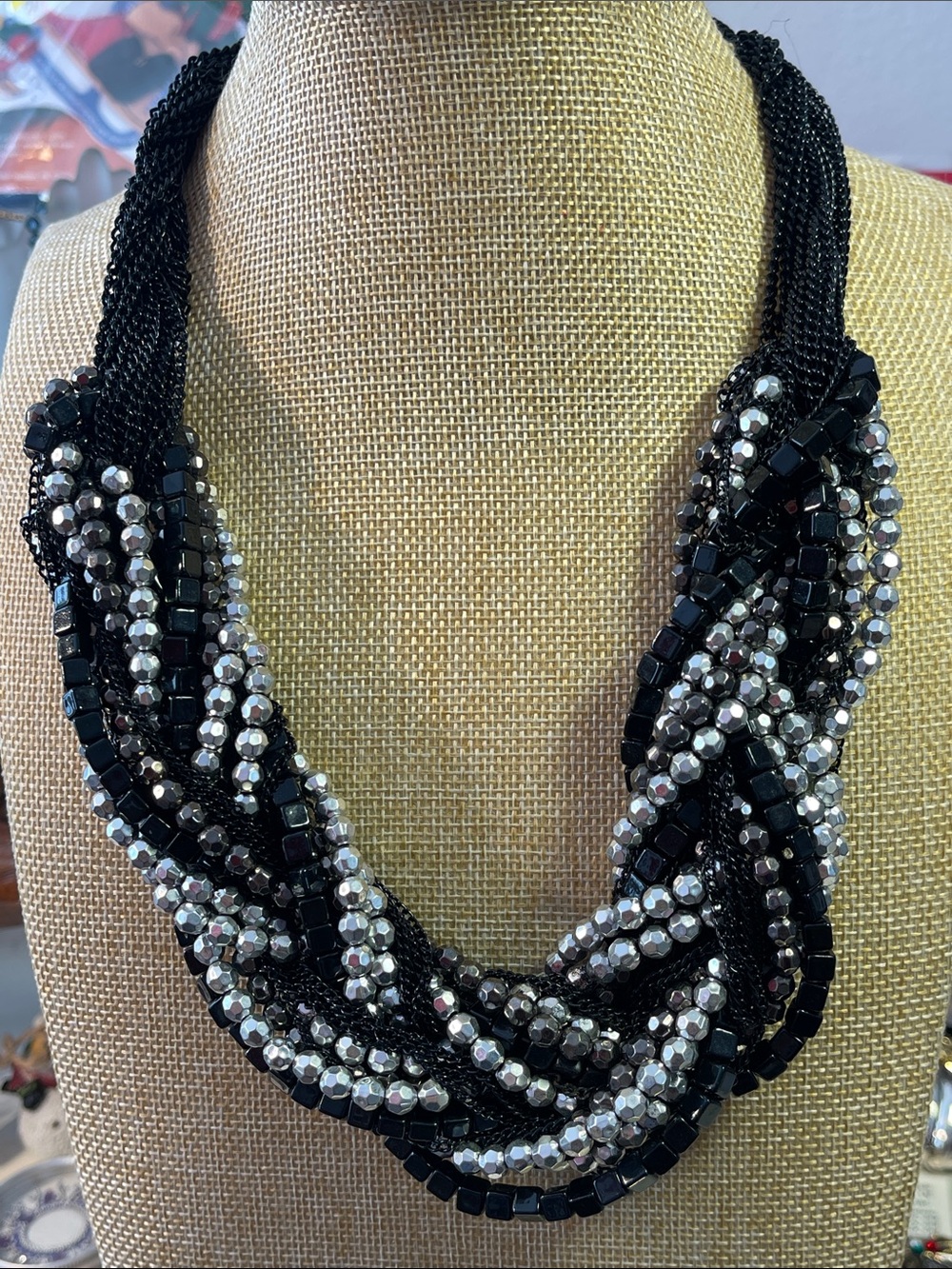 Black metal multistrand chain braided w/ black and silver acrylic beads necklace